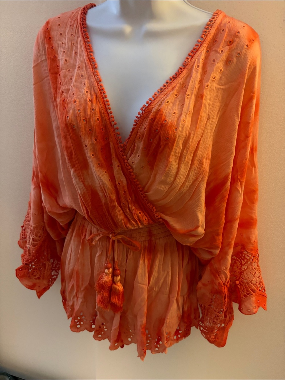 Ramy Brook XS Coral Eyelet Lace Romper Tassel Boho Resort